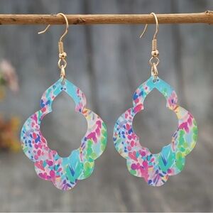 Acrylic Pink Blue Green Floral Drop Earrings